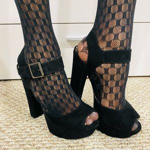 Black suede peep toe platform sandals